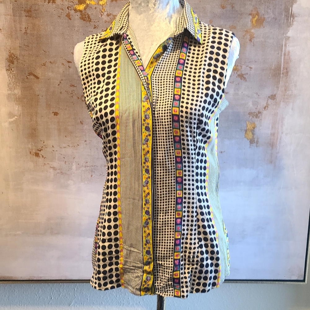 Versace Yellow and Black And White Pok A Dot Sleeveless Shirt 44 EU/US M - Picture 2 of 11